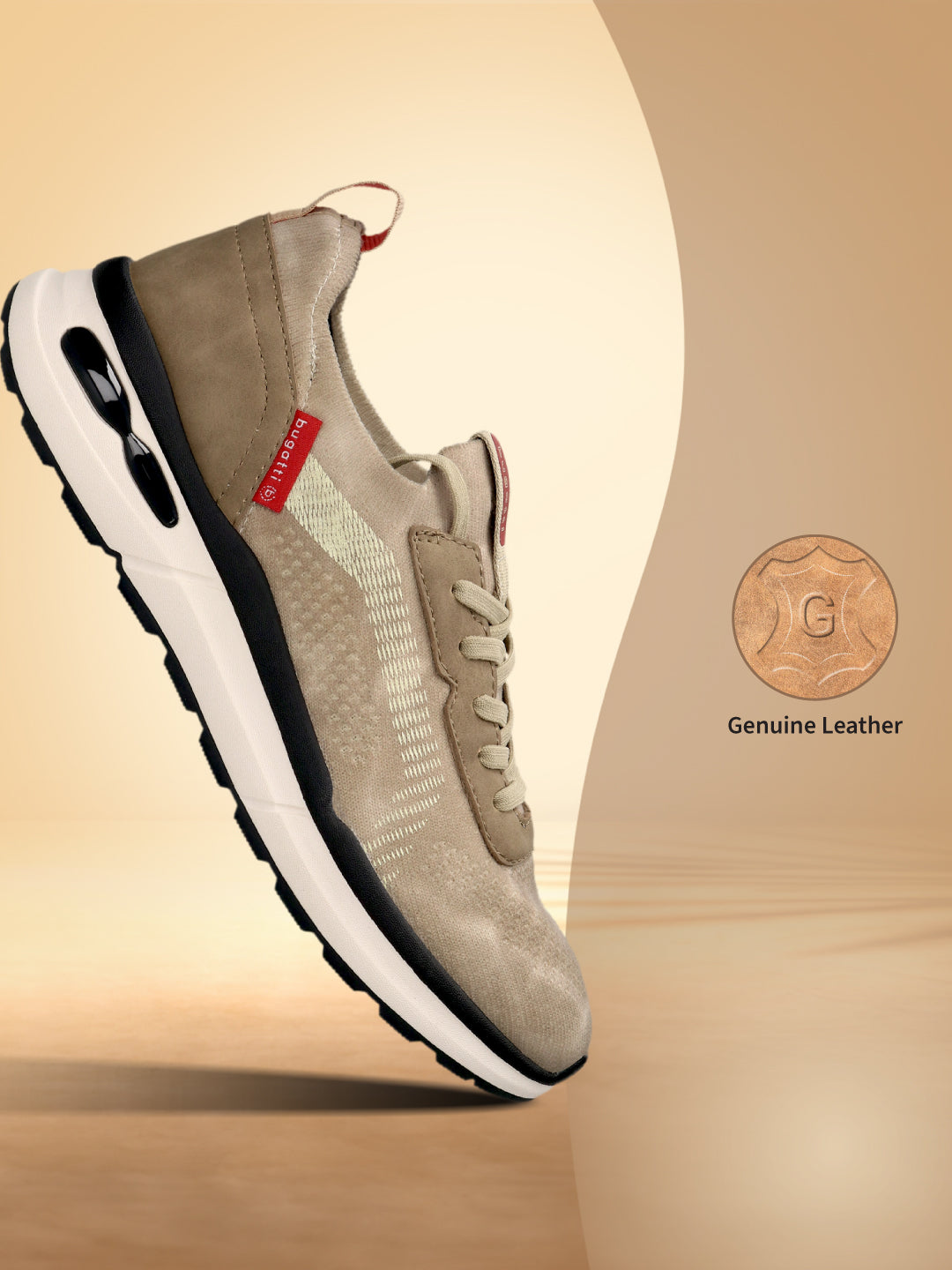 Beige bugatti Athleisure sneaker with a white sole, black accents, and a textured upper.
