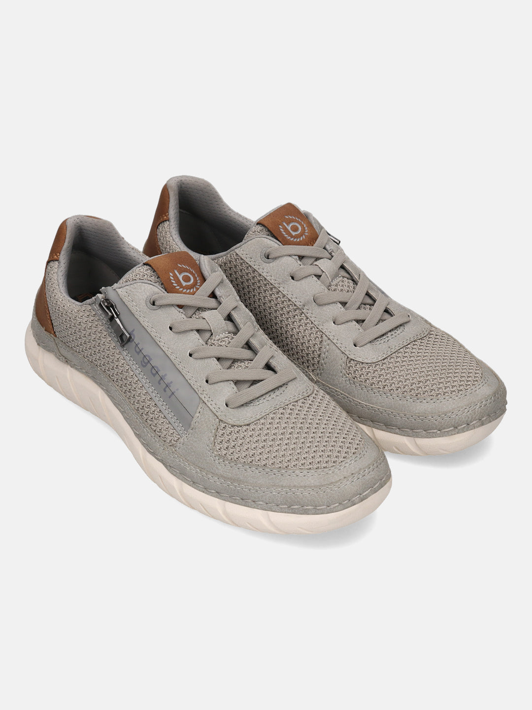 bugatti Compton grey comfort sneakers featuring mesh and leather-like uppers, lace-up closure, and side zip detail.