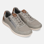 bugatti Compton grey comfort sneakers featuring mesh and leather-like uppers, lace-up closure, and side zip detail.