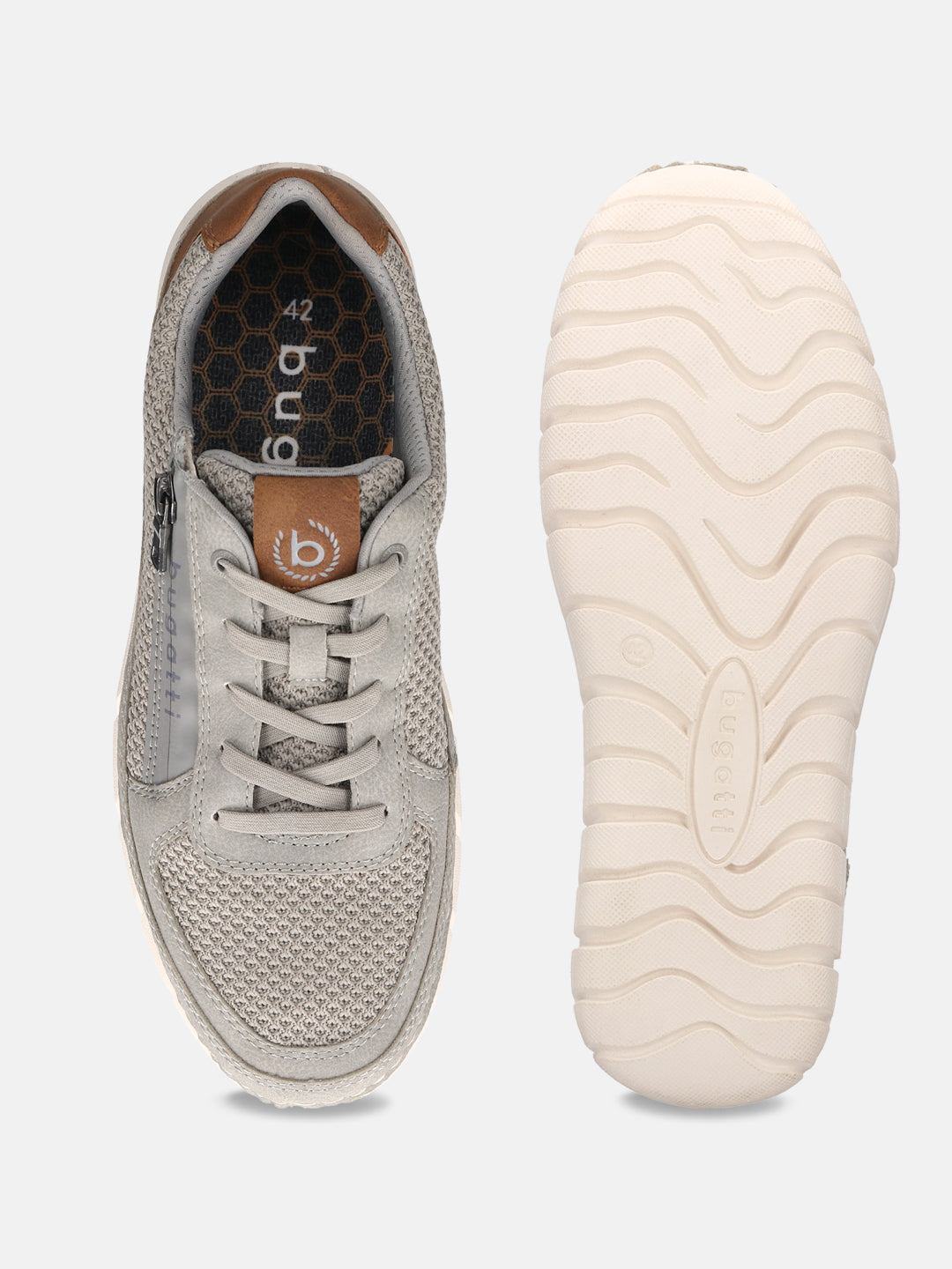 Bugatti Compton grey comfort sneakers, shown with textured mesh upper, brown leather accent, lace-up closure, and white treaded sole.