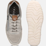 Bugatti Compton grey comfort sneakers, shown with textured mesh upper, brown leather accent, lace-up closure, and white treaded sole.