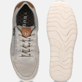 Bugatti Compton grey comfort sneakers, shown with textured mesh upper, brown leather accent, lace-up closure, and white treaded sole.