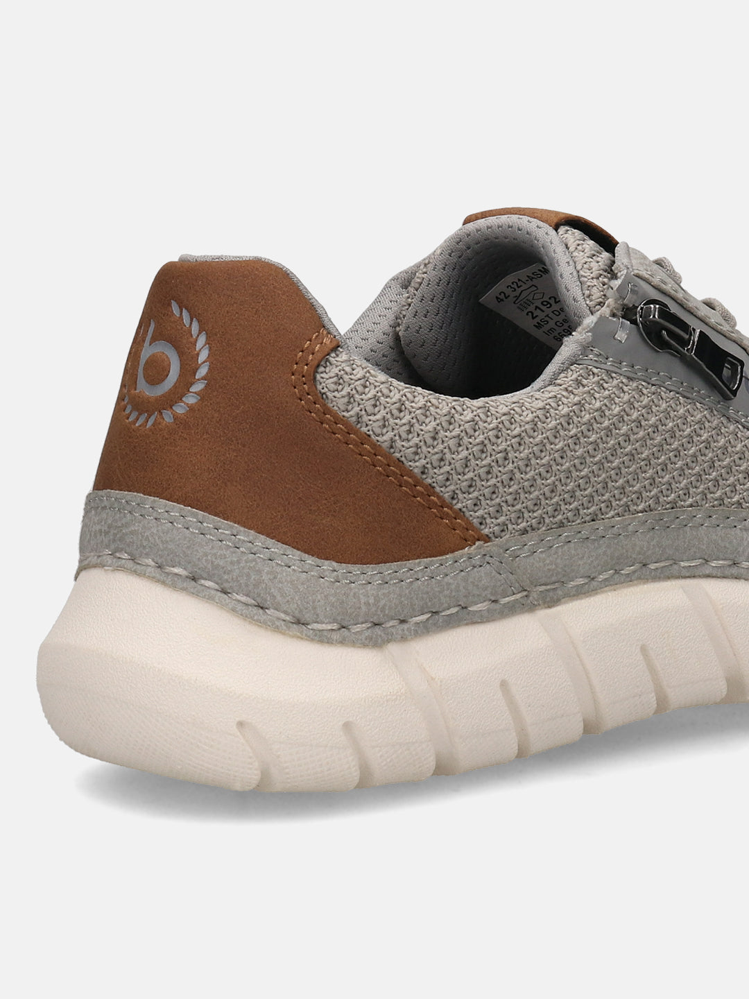Cropped back view of a bugatti Compton grey comfort sneaker featuring a textured knit upper, brown suede heel, and segmented white sole.