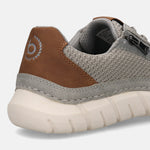 Cropped back view of a bugatti Compton grey comfort sneaker featuring a textured knit upper, brown suede heel, and segmented white sole.