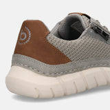 Cropped back view of a bugatti Compton grey comfort sneaker featuring a textured knit upper, brown suede heel, and segmented white sole.