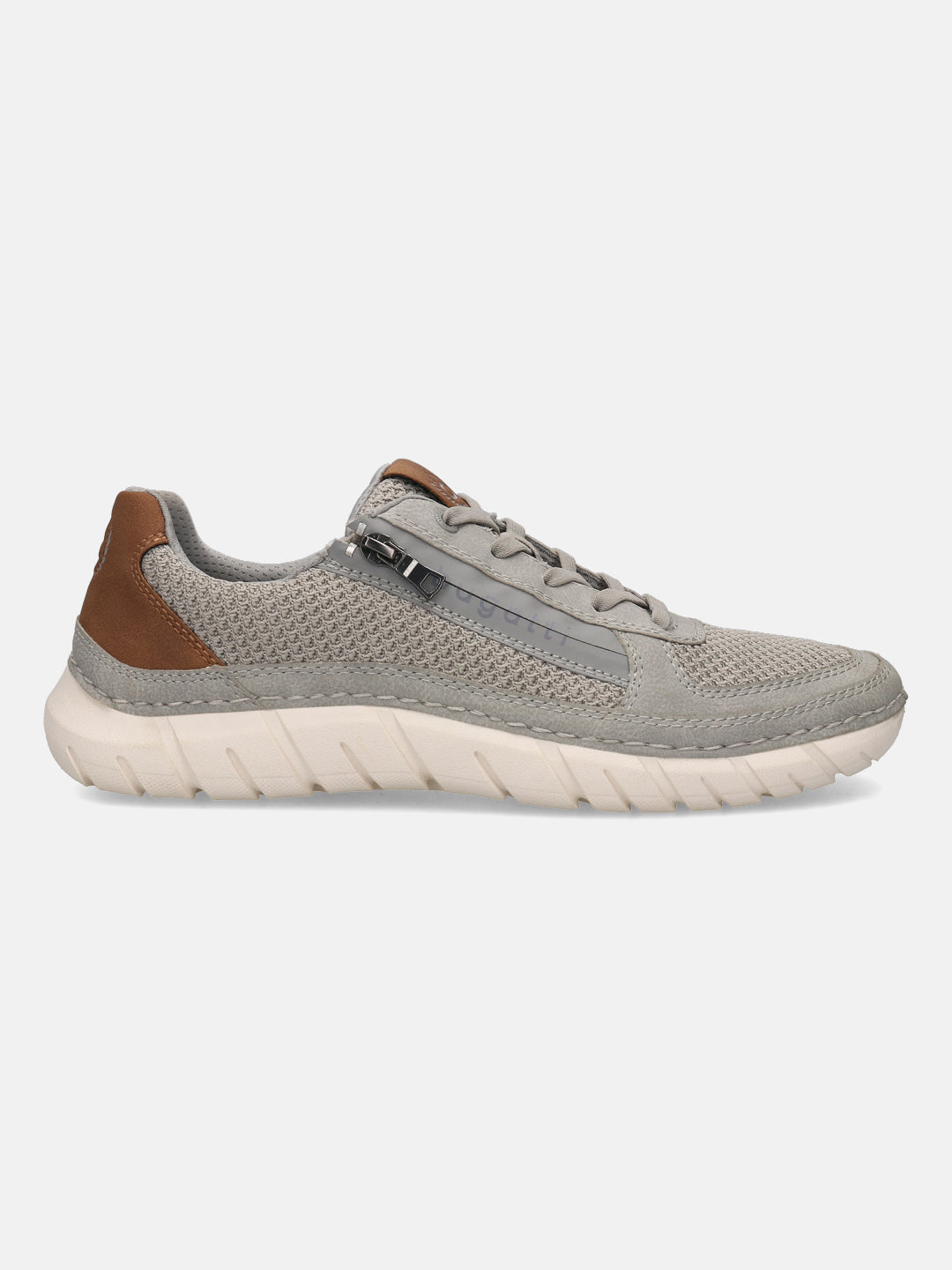 Side view of a grey bugatti Compton Comfort Sneaker with laces, zipper detail, and brown accent on the heel.

