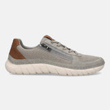 Side view of a grey bugatti Compton Comfort Sneaker with laces, zipper detail, and brown accent on the heel.
