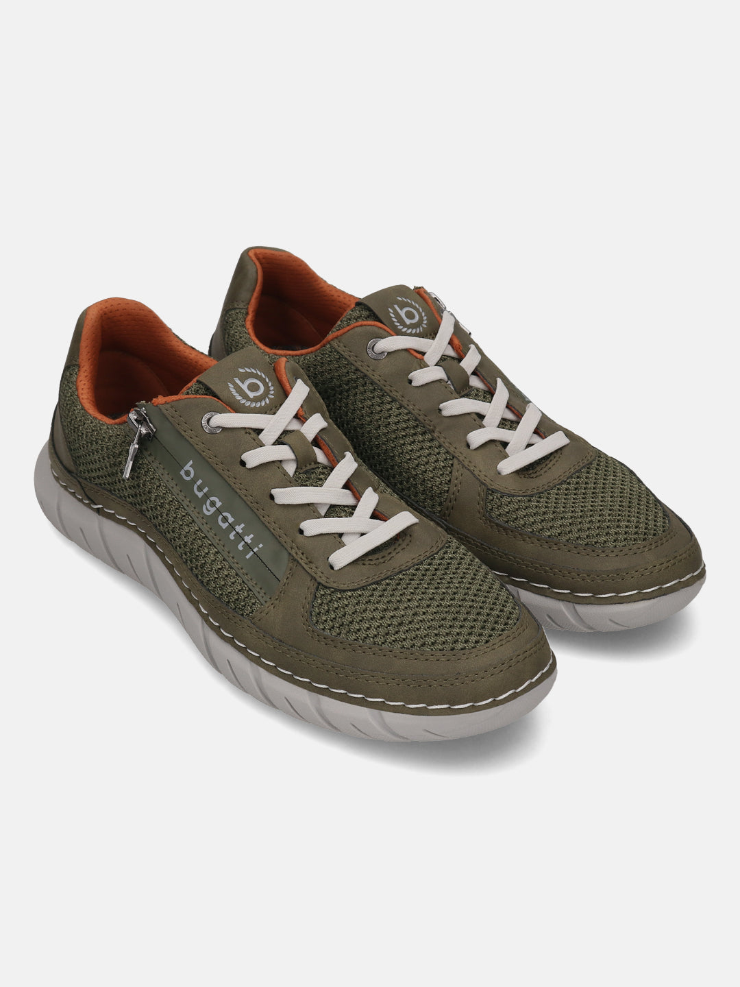 bugatti Compton green Comfort Sneakers, olive green mesh with white laces and orange lining.