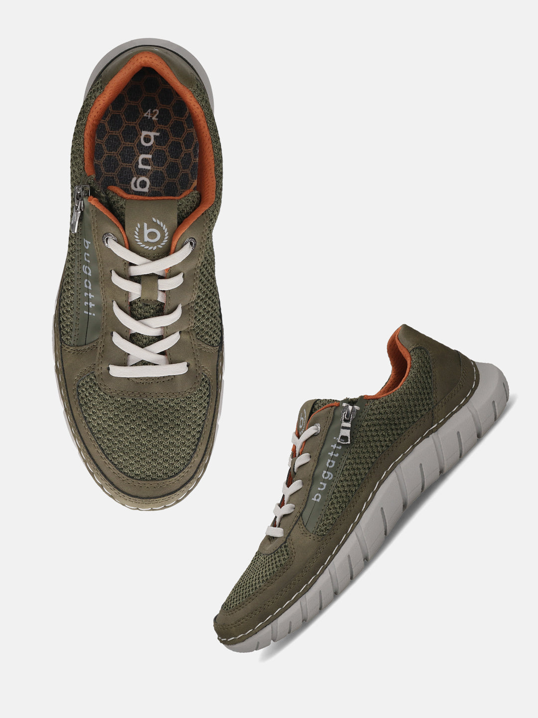 bugatti Compton comfort sneakers in green with orange trim and white laces.