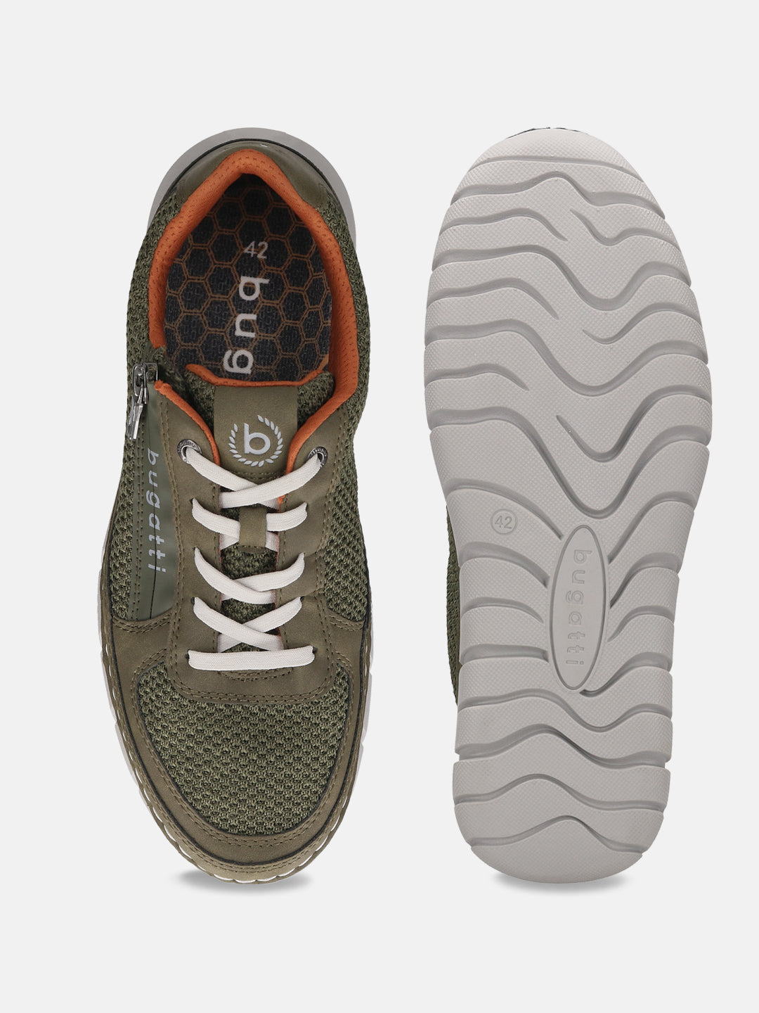 bugatti Compton green sneakers, featuring a breathable mesh upper, orange accents, and a white sole with a wavy pattern.
