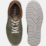 bugatti Compton green sneakers, featuring a breathable mesh upper, orange accents, and a white sole with a wavy pattern.