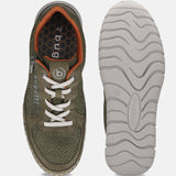 bugatti Compton green sneakers, featuring a breathable mesh upper, orange accents, and a white sole with a wavy pattern.