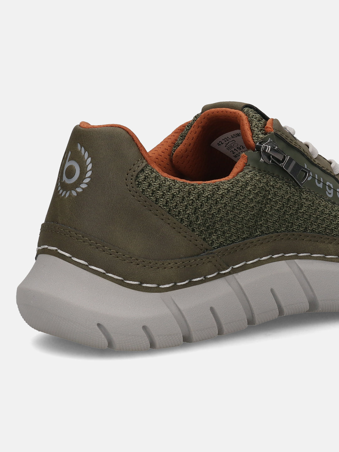 Cropped side view of a bugatti Compton green comfort sneaker featuring olive green mesh and synthetic leather.
