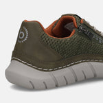 Cropped side view of a bugatti Compton green comfort sneaker featuring olive green mesh and synthetic leather.