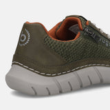 Cropped side view of a bugatti Compton green comfort sneaker featuring olive green mesh and synthetic leather.