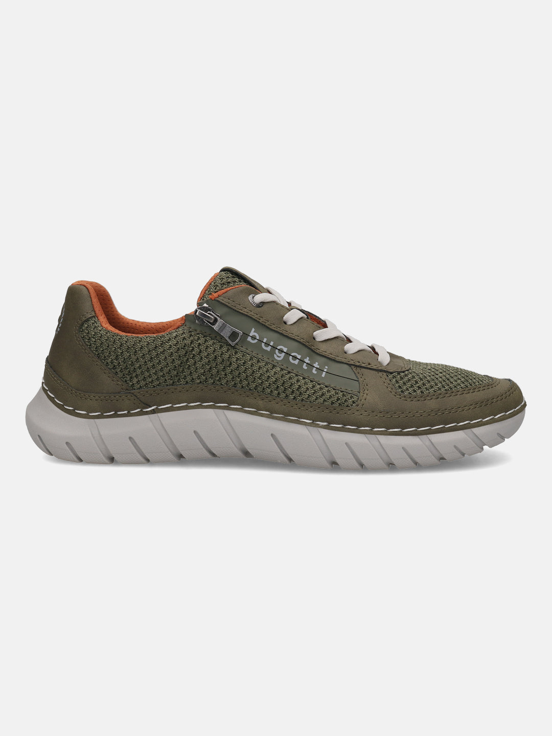 Side view of a bugatti Compton sneaker in green with mesh material, brown accents, a zipper detail, and a gray sole.
