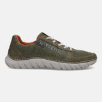 Side view of a bugatti Compton sneaker in green with mesh material, brown accents, a zipper detail, and a gray sole.