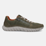 Side view of a bugatti Compton sneaker in green with mesh material, brown accents, a zipper detail, and a gray sole.