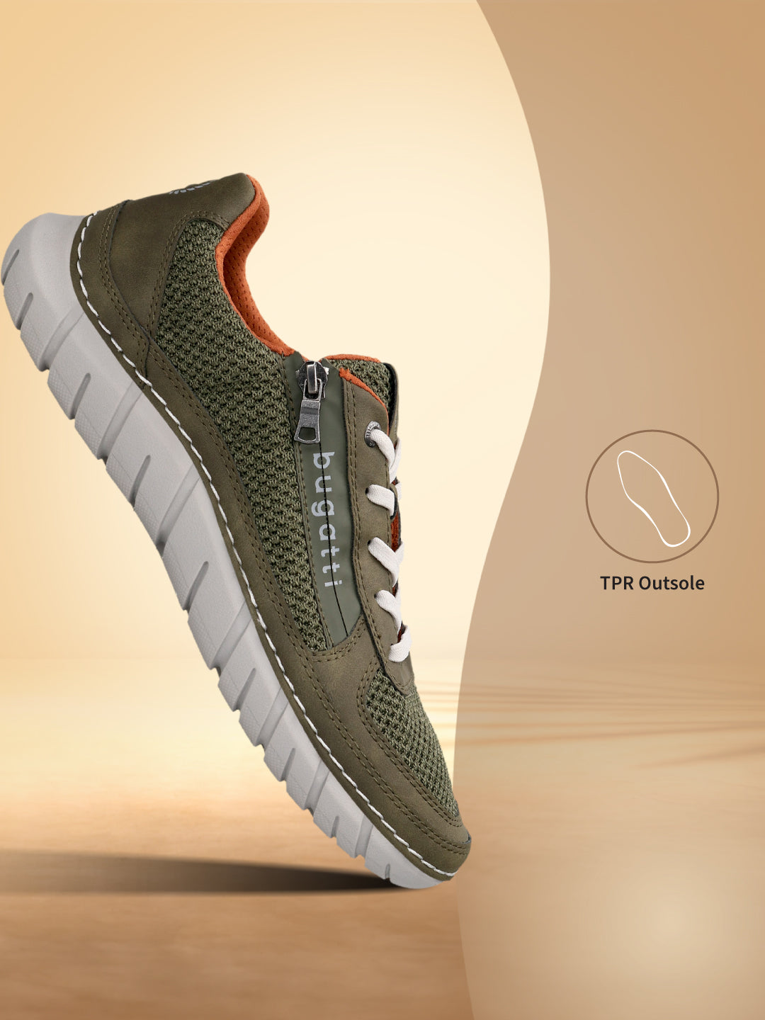 Bugatti Compton green comfort sneaker with a textured mesh design, white laces, and a flexible light grey sole.