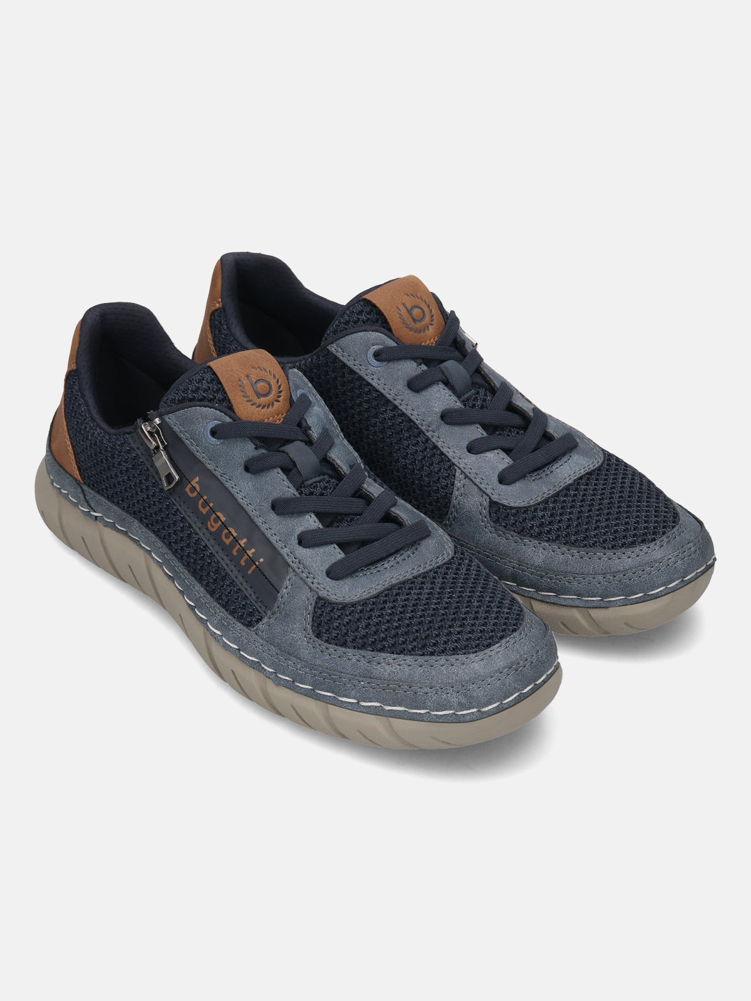 bugatti Compton comfort sneakers in dark blue, with a mesh texture and tan accents.