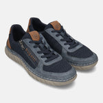 bugatti Compton comfort sneakers in dark blue, with a mesh texture and tan accents.