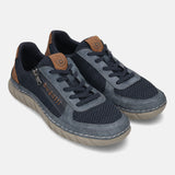 bugatti Compton comfort sneakers in dark blue, with a mesh texture and tan accents.
