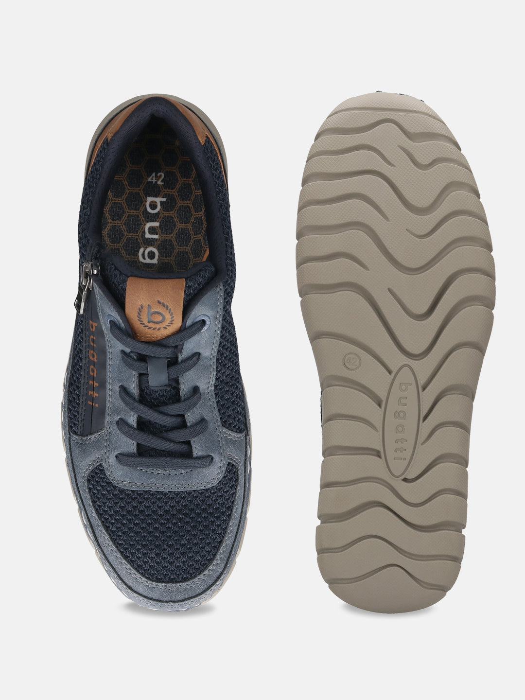 Bugatti Compton Comfort Sneakers in dark blue, shown with a mesh upper, lace-up closure, and patterned tan sole.
