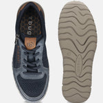 Bugatti Compton Comfort Sneakers in dark blue, shown with a mesh upper, lace-up closure, and patterned tan sole.
