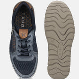 Bugatti Compton Comfort Sneakers in dark blue, shown with a mesh upper, lace-up closure, and patterned tan sole.
