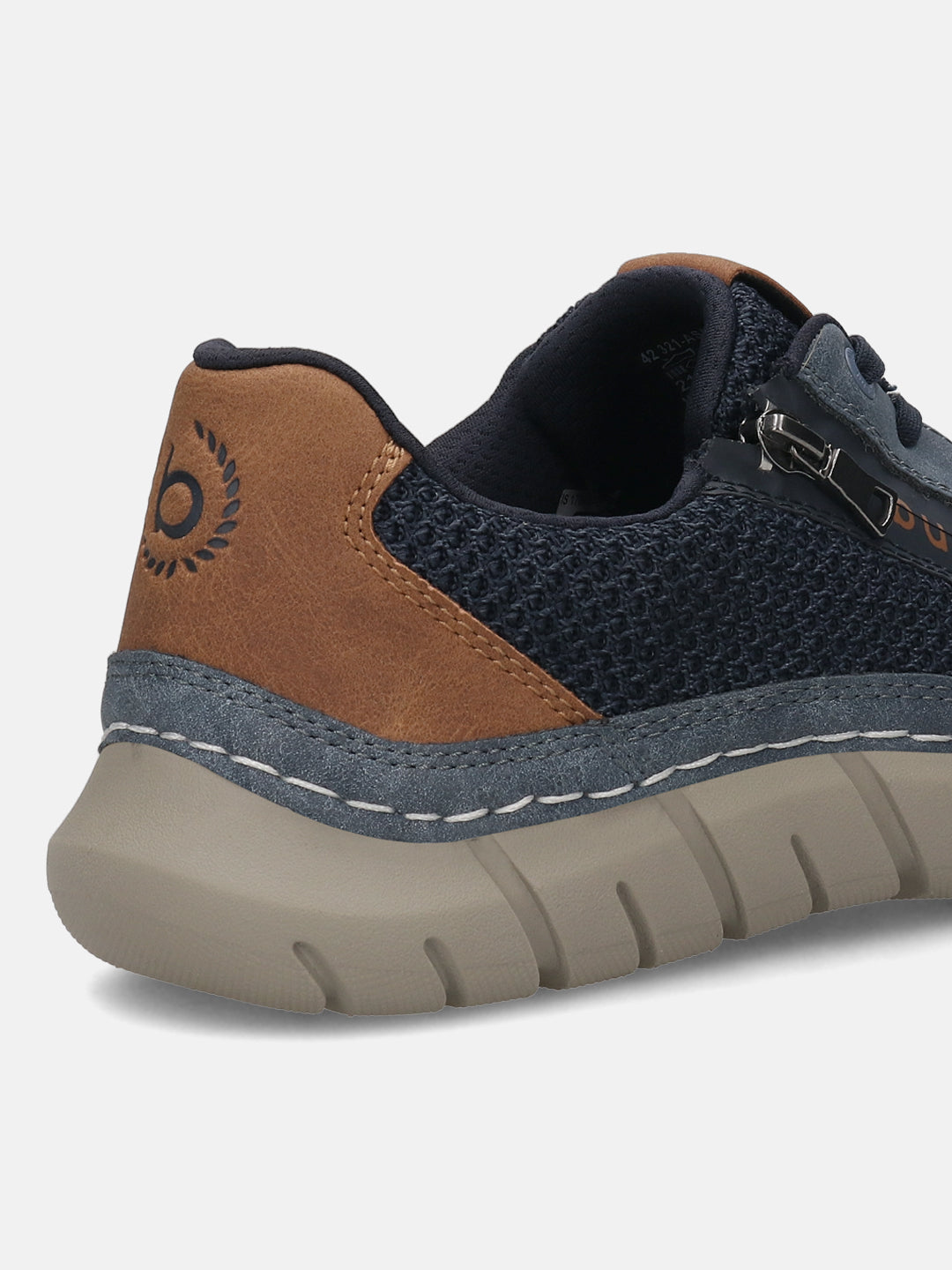 Cropped back view of a bugatti Compton dark blue sneaker featuring a brown heel with a logo and a ridged sole.
