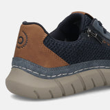 Cropped back view of a bugatti Compton dark blue sneaker featuring a brown heel with a logo and a ridged sole.
