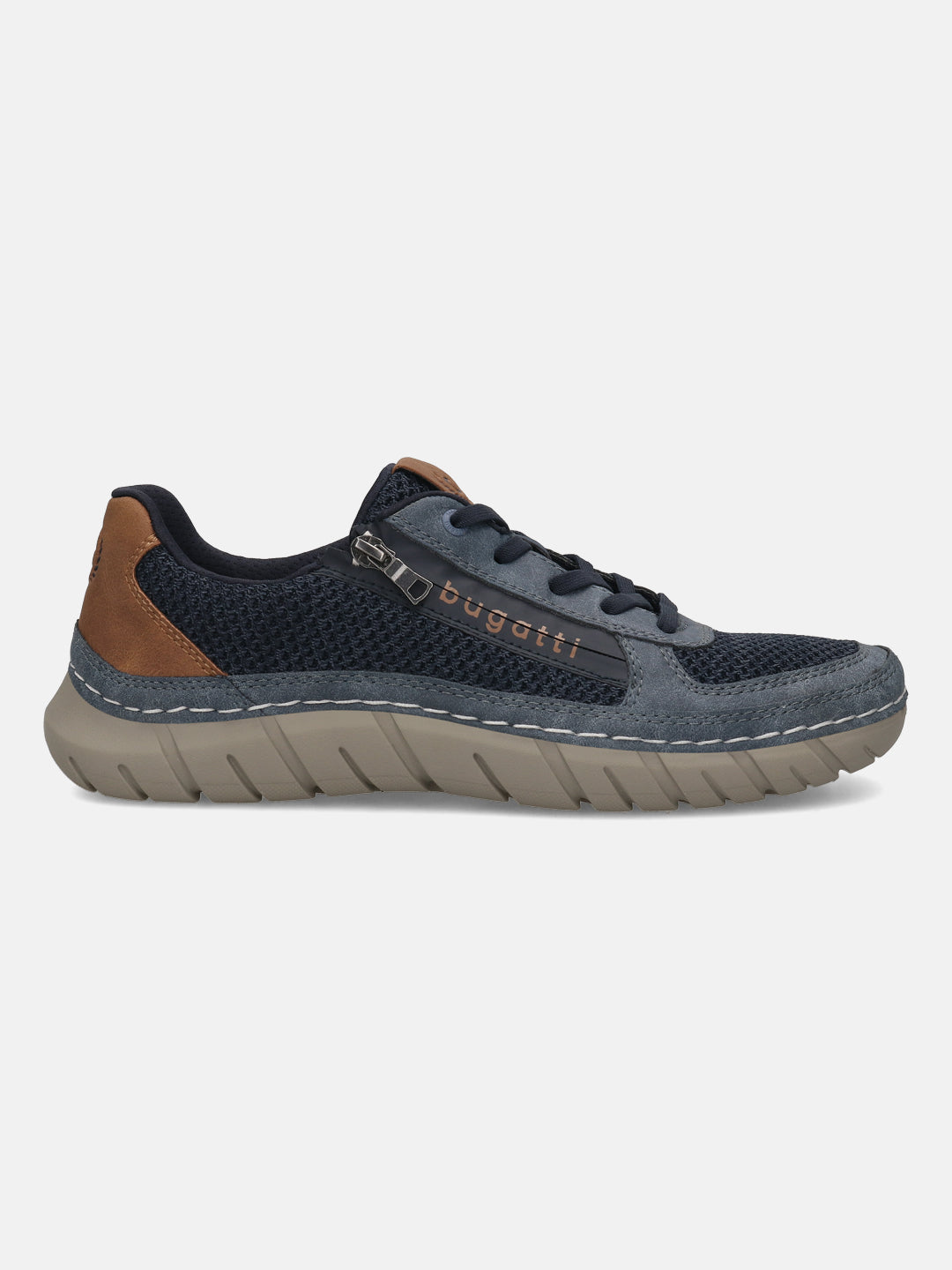 Side view of a bugatti Compton dark blue sneaker featuring blue mesh and suede, a side zipper, and a brown heel.
