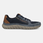 Side view of a bugatti Compton dark blue sneaker featuring blue mesh and suede, a side zipper, and a brown heel.
