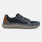 Side view of a bugatti Compton dark blue sneaker featuring blue mesh and suede, a side zipper, and a brown heel.
