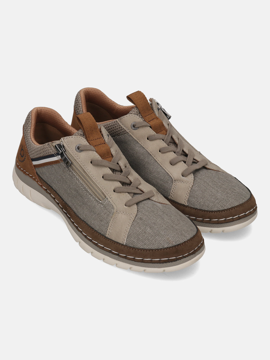 bugatti Rickson beige comfort sneakers with laces and side zipper detail.