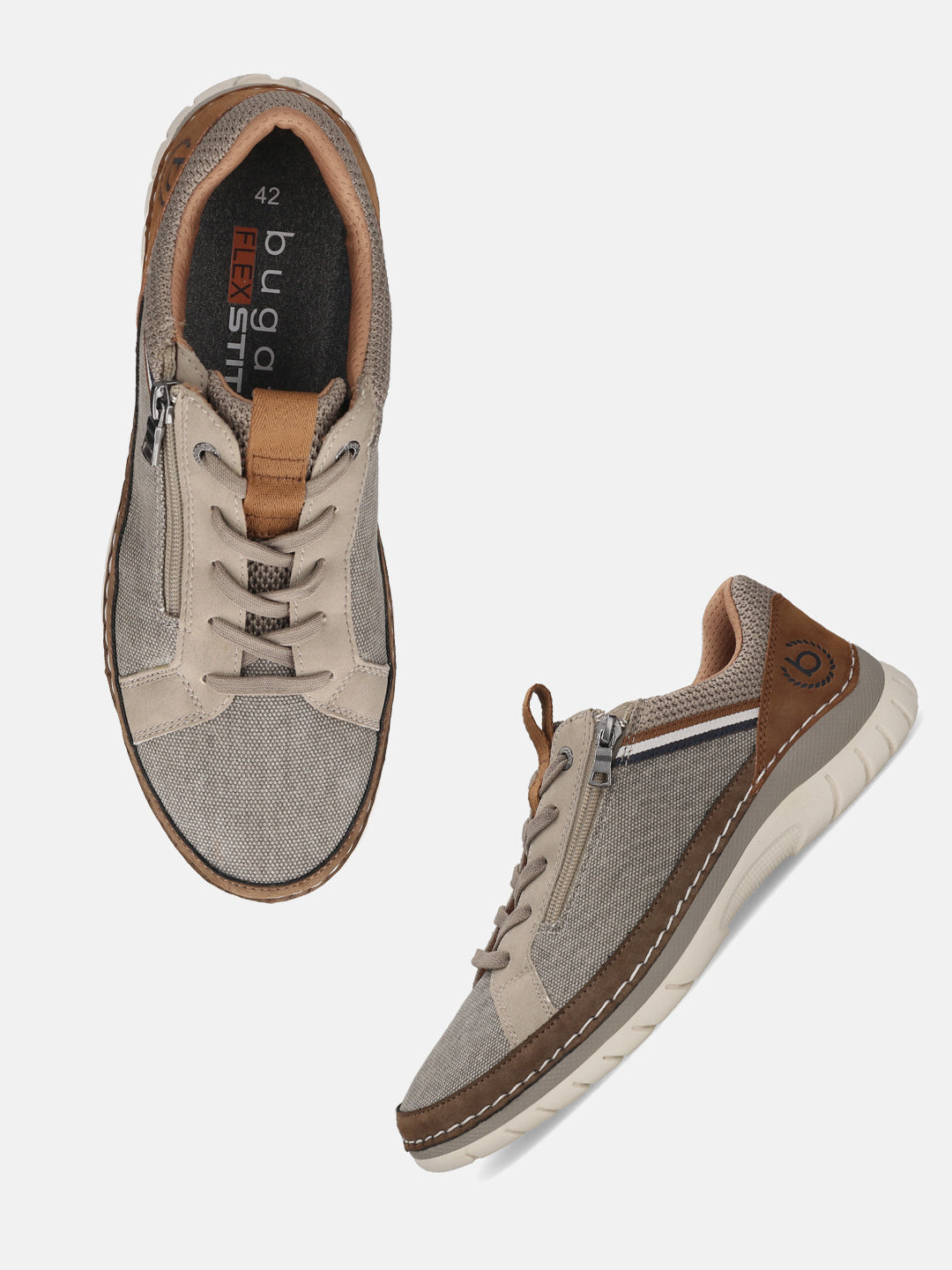 Bugatti Rickson beige comfort sneakers with brown accents, featuring canvas and synthetic leather construction, laces, and a side zipper.
