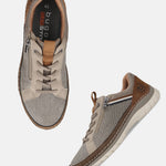 Bugatti Rickson beige comfort sneakers with brown accents, featuring canvas and synthetic leather construction, laces, and a side zipper.
