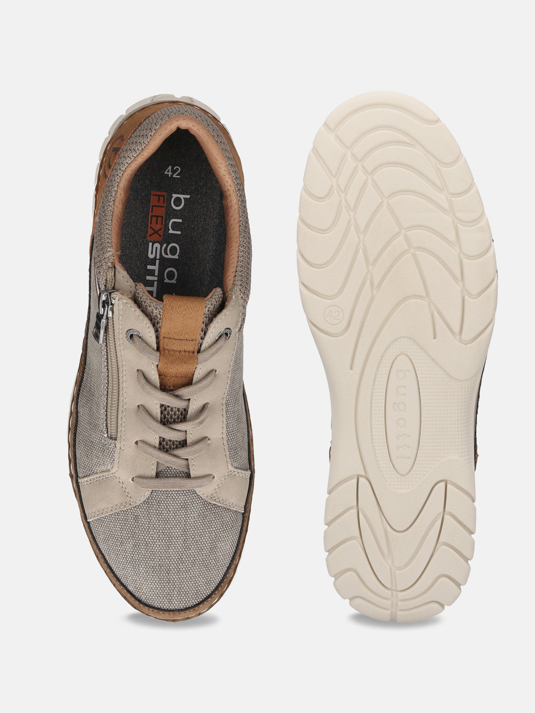 bugatti Rickson beige sneakers featuring a canvas-like texture, lace-up closure, and side zipper.