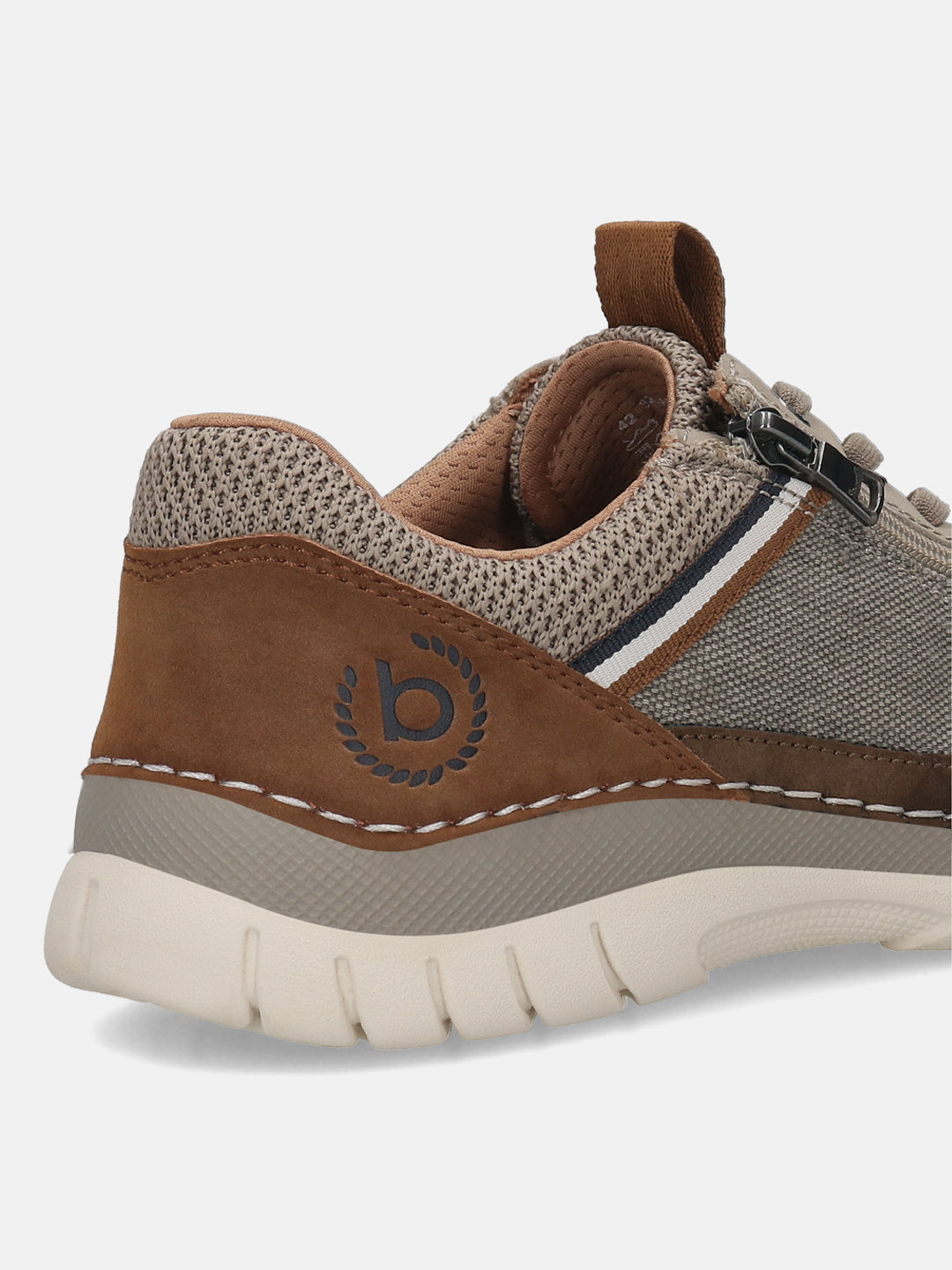 Cropped view of a bugatti Rickson comfort sneaker in beige, showing brown suede and breathable mesh panels.