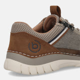 Cropped view of a bugatti Rickson comfort sneaker in beige, showing brown suede and breathable mesh panels.