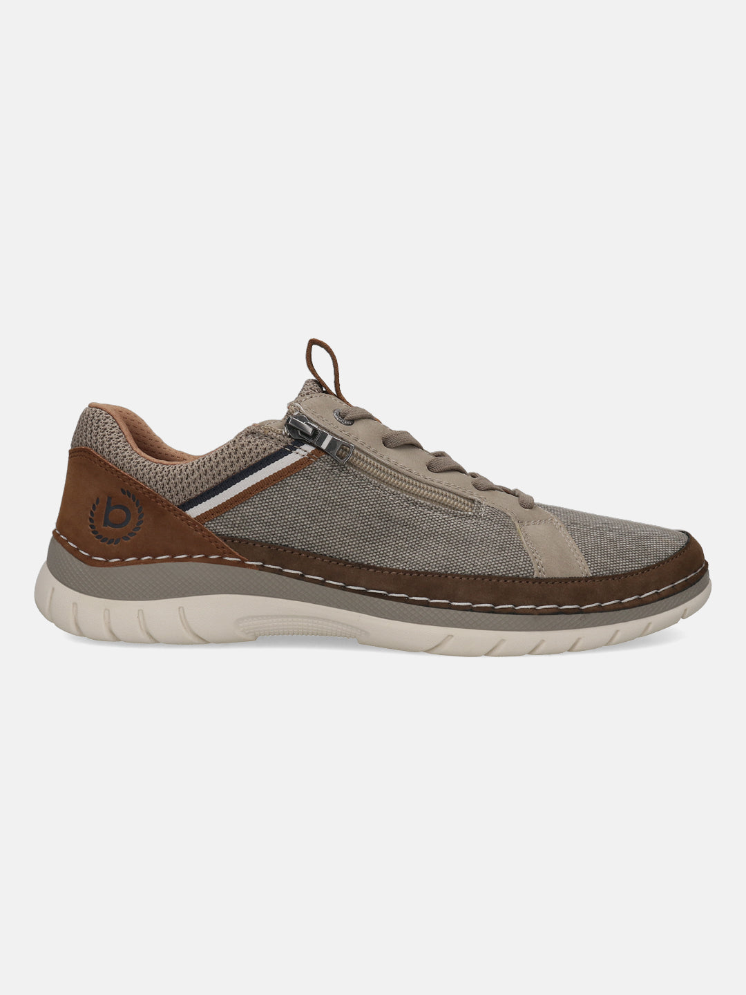 Bugatti Rickson beige comfort sneaker featuring a zipper, brown leather trim, and off-white sole, shown in a side view.
