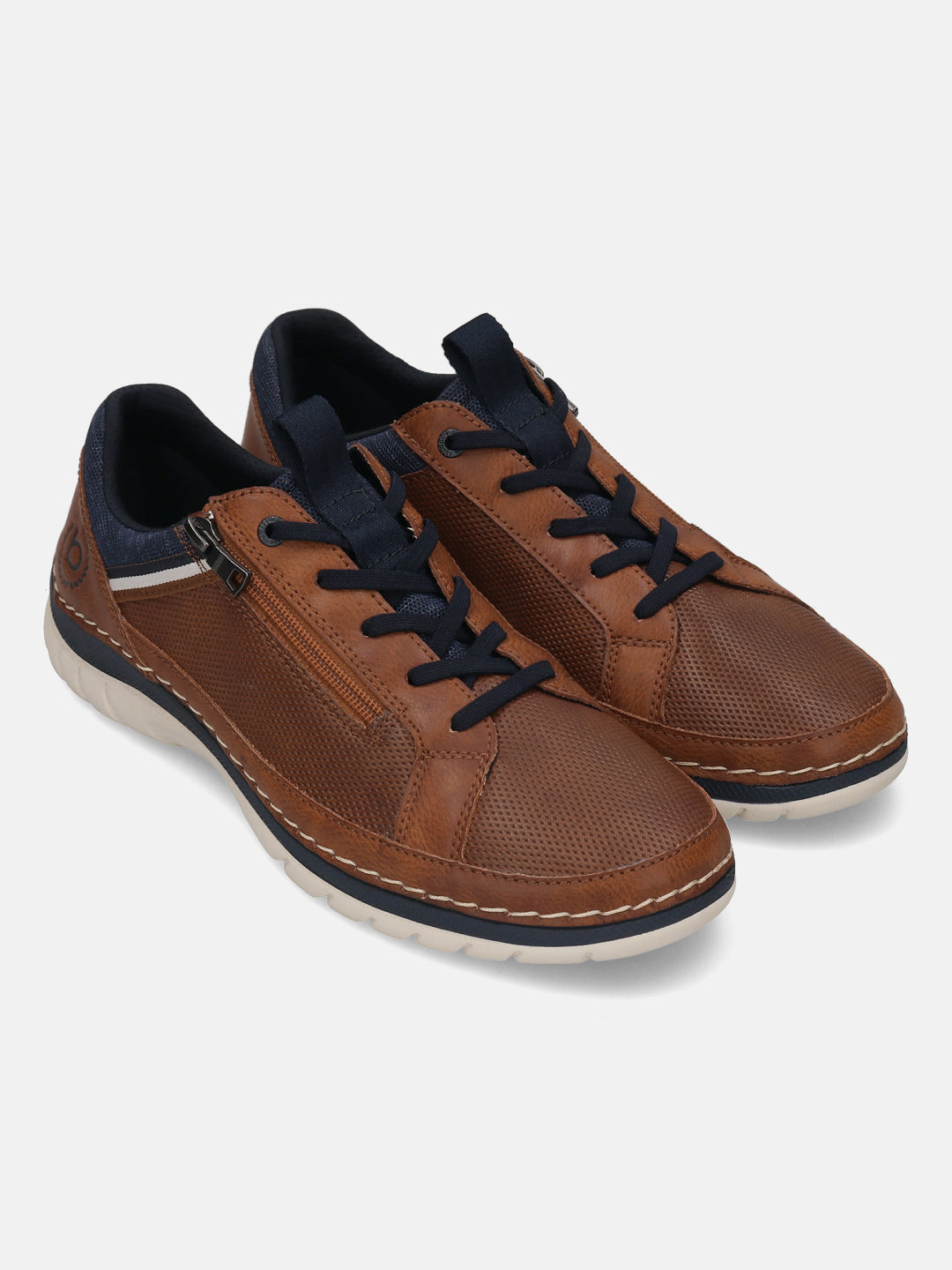 Bugatti Rickson cognac comfort sneakers with navy blue accents, featuring perforated leather and a side zipper.