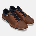 Bugatti Rickson cognac comfort sneakers with navy blue accents, featuring perforated leather and a side zipper.