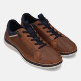 Bugatti Rickson cognac comfort sneakers with navy blue accents, featuring perforated leather and a side zipper.