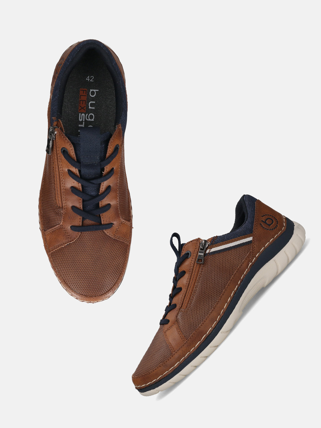bugatti Rickson cognac Comfort Sneakers with navy blue accents, lace-up style, and side zipper.
