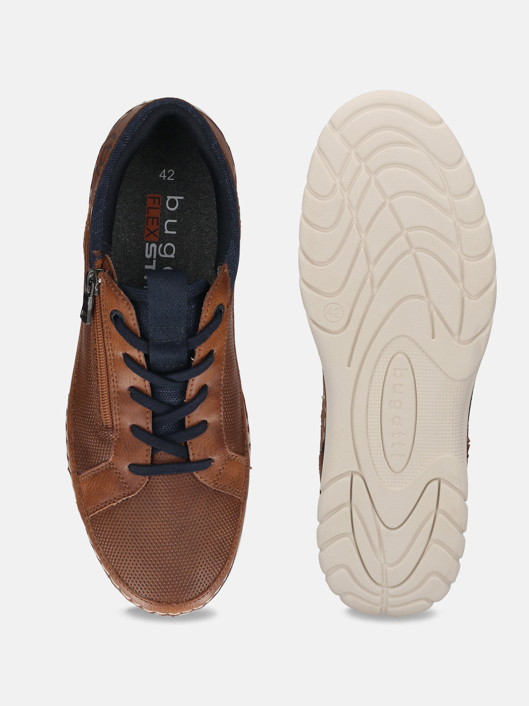 Cognac bugatti Rickson Comfort Sneakers with dark blue laces and a textured brown upper, shown with the sole.
