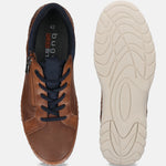 Cognac bugatti Rickson Comfort Sneakers with dark blue laces and a textured brown upper, shown with the sole.
