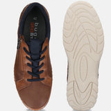 Cognac bugatti Rickson Comfort Sneakers with dark blue laces and a textured brown upper, shown with the sole.
