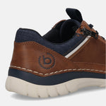 Cropped view of a bugatti Rickson cognac Comfort Sneaker, showing a brown leather heel with blue trim and a cream-colored sole.
