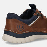 Cropped view of a bugatti Rickson cognac Comfort Sneaker, showing a brown leather heel with blue trim and a cream-colored sole.

